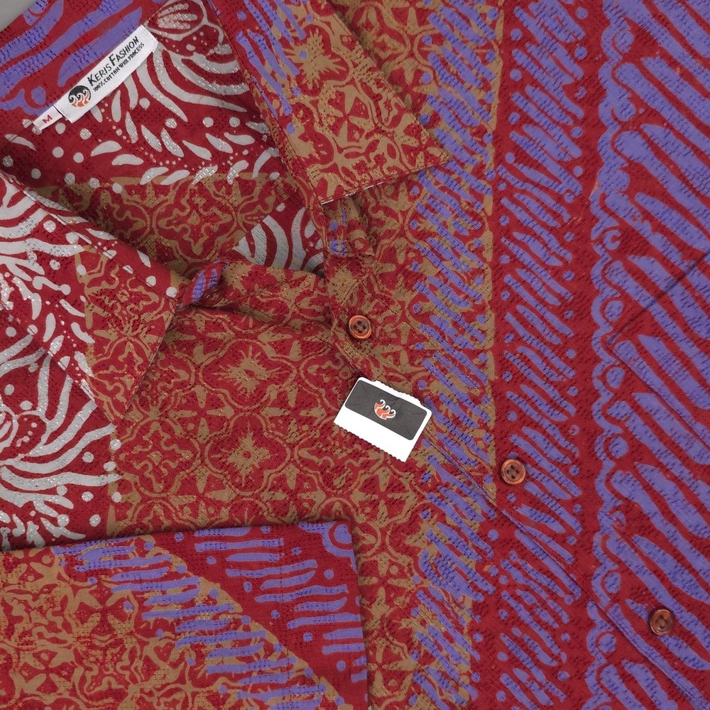 Keris Fashion Shirt Mens Medium Red Batik Floral Short Sleeve Cotton Casual
